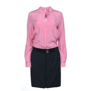 Diane von Furstenberg Shirt Dress 4 Pink Silk‎ Combo Navy Wool Skirt Old Money